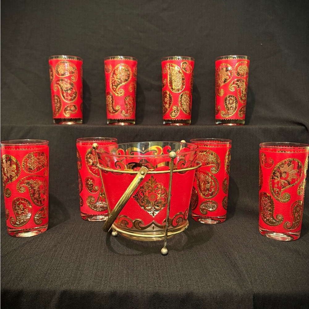 Vintage Mid-Century Modern Culver Hi-ball Glasses (8) & Ice Bucket. Red/22k Gold